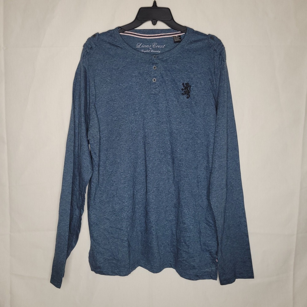 Lions Crest by English Laundry Long Sleeve Henley Shirt Blue Embroidered Lion XL
